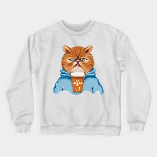 Cat with Coffee in blue hoodie Crewneck Sweatshirt